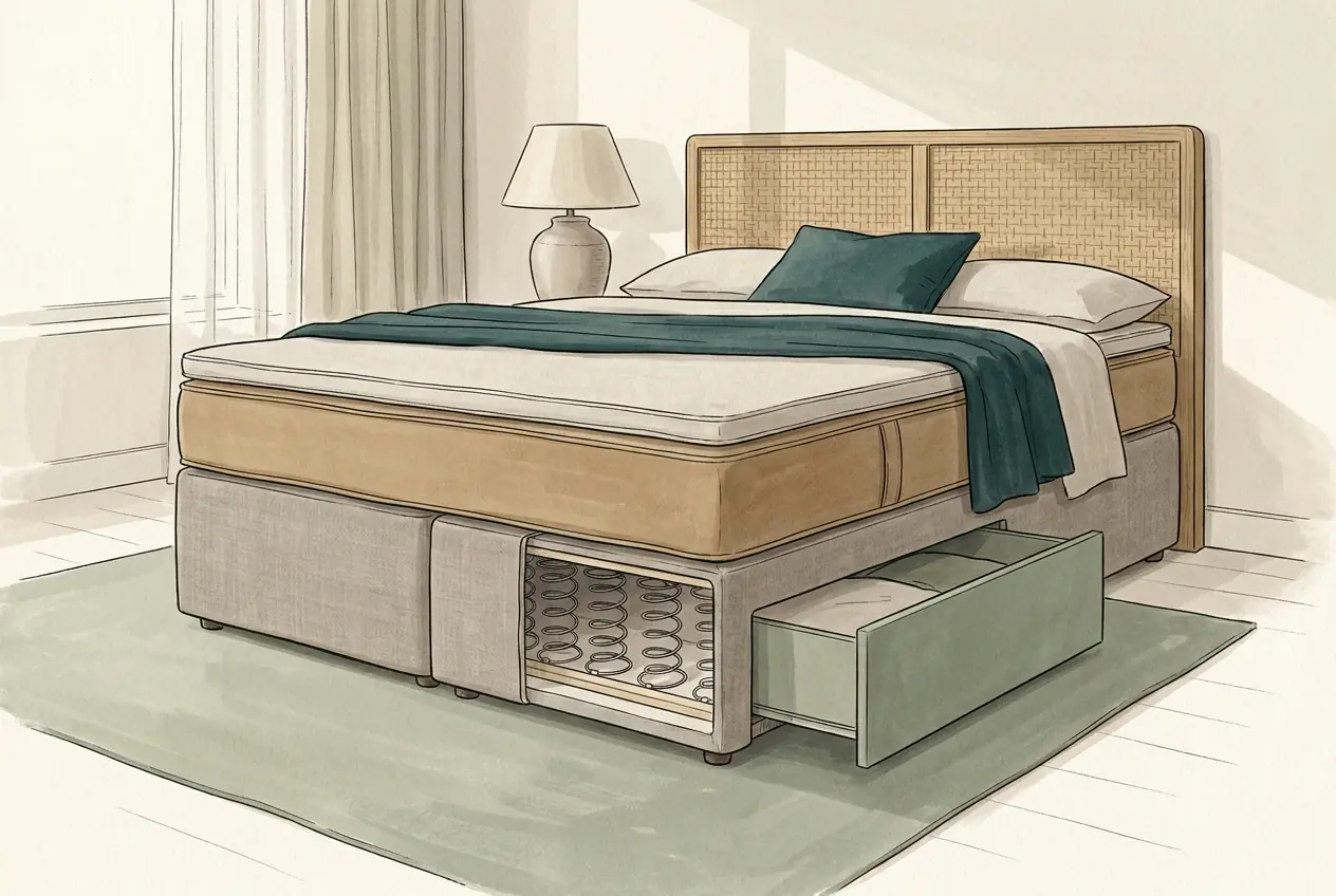Illustration: Ein Boxspringbett im Anschnitt: Unterbox mit sichtbaren Federn und herausgezogenem Bettkasten, darauf eine dicke Matratze und ein dünner Topper, dahinter ein Kopfteil.