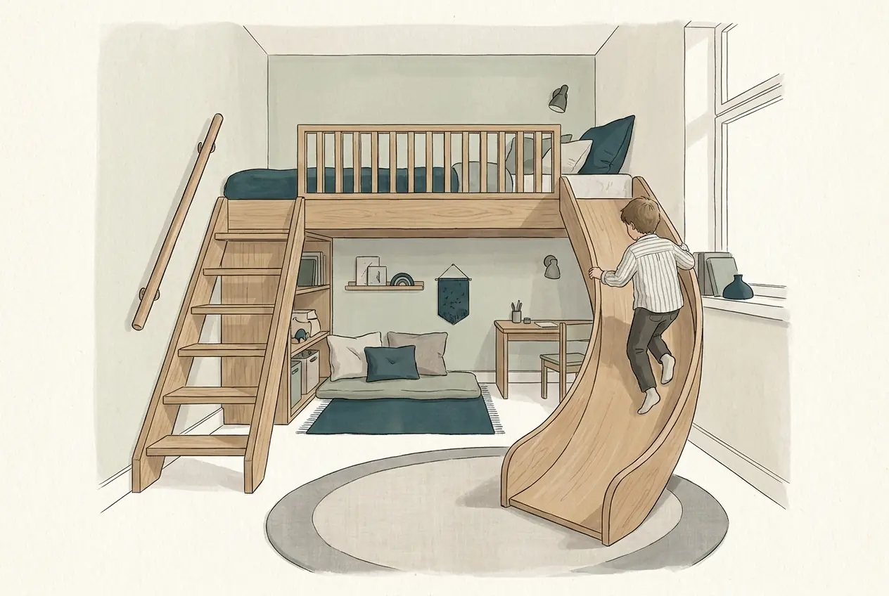 Illustration: Ein Kinderzimmer mit Hochbett mit umlaufender Absturzsicherung, Treppe auf der einen und Rutsche auf der anderen Seite; ein Schulkind rutscht von hinten gesehen hinunter.