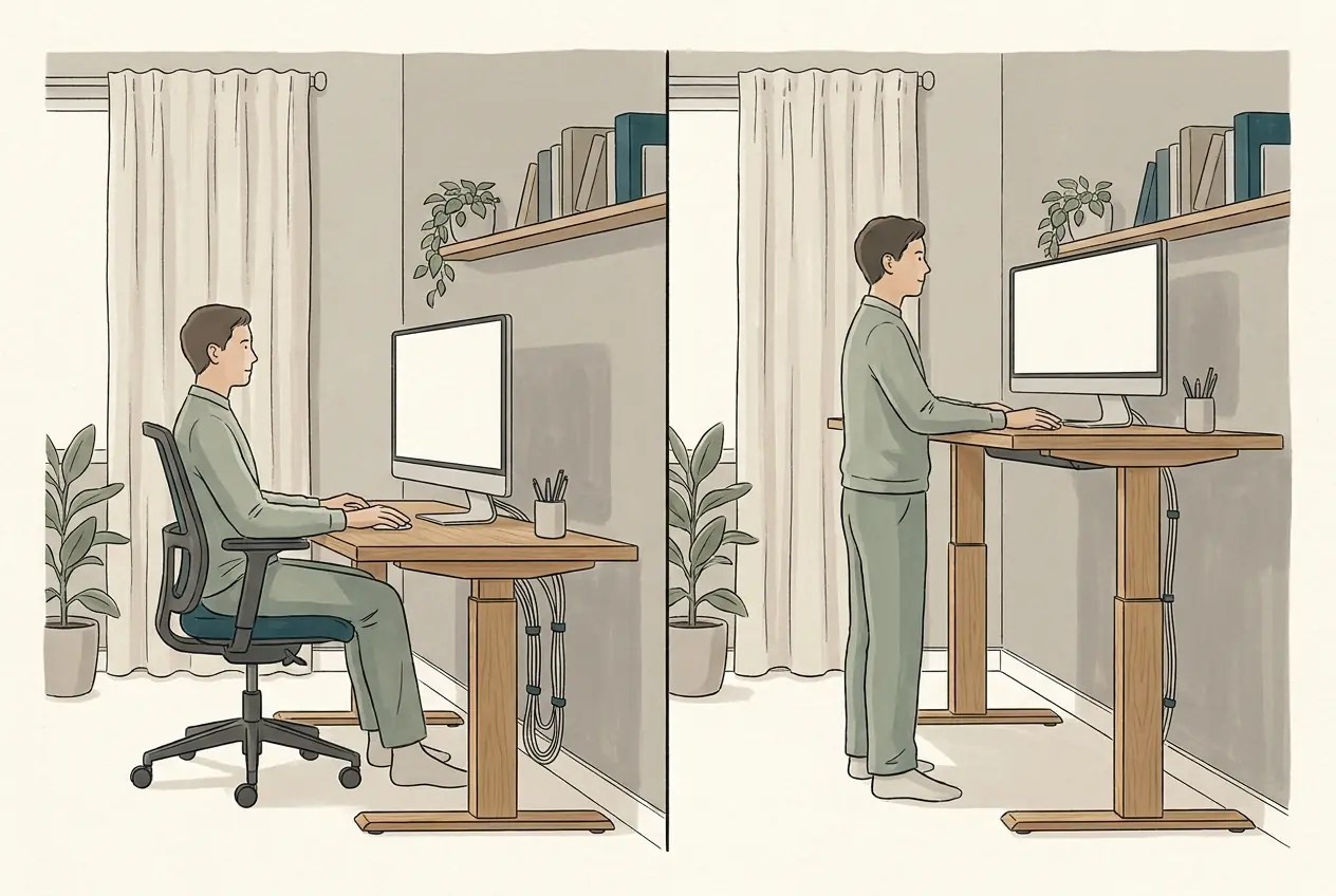 Illustration: Derselbe höhenverstellbare Schreibtisch zweimal: links abgesenkt mit sitzender Person, rechts hochgefahren mit stehender Person, der Bildschirm jeweils auf Augenhöhe.