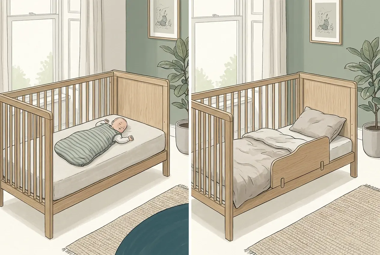 Illustration: Links ein Gitterbett mit einem Baby in Rückenlage im Schlafsack und sonst nichts im Bett, rechts dasselbe Bett zum niedrigen Juniorbett umgebaut.