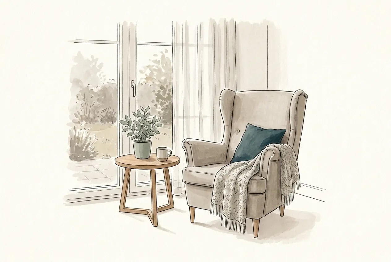 Illustration: Ein heller Ohrensessel mit hoher Rückenlehne und seitlichen Kopfwangen am Fenster, daneben ein kleiner runder Beistelltisch.
