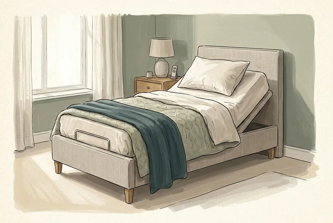 Illustration: Ein elektrisch verstellbares Einzelbett mit hochgestelltem Kopfteil, daneben auf dem Nachttisch eine kleine Fernbedienung.