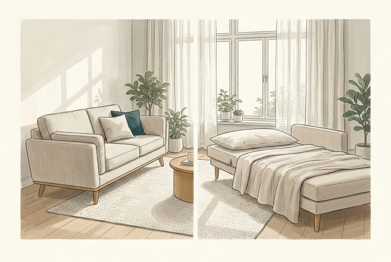 Illustration: Dasselbe helle Sofa zweimal nebeneinander: links als Sofa, rechts zur flachen Liegefläche mit Kissen und Decke ausgeklappt.