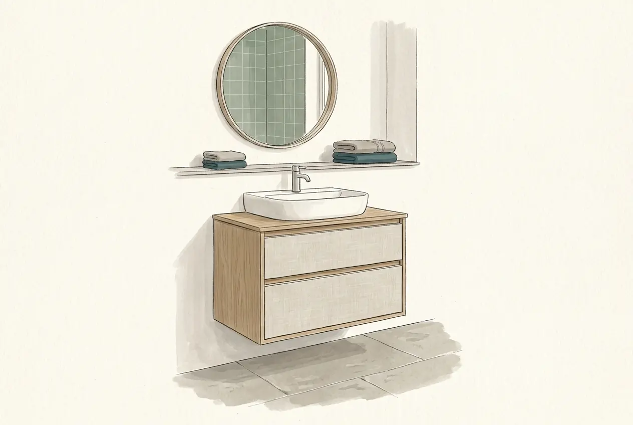Illustration: Ein Aufsatzwaschbecken auf einem wandhängenden Unterschrank mit zwei Schubladen, darüber ein runder Spiegel und eine Ablage mit Handtüchern.