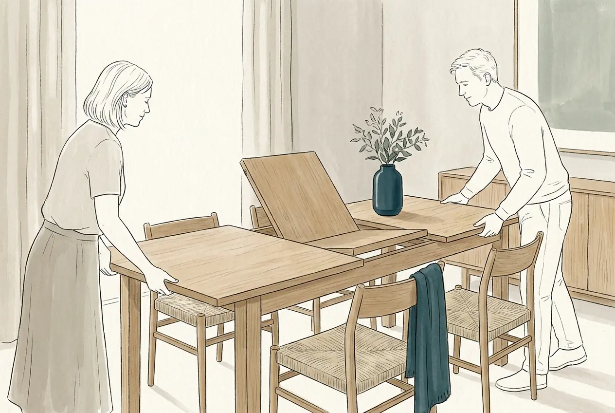 Illustration: Zwei Personen ziehen einen Holzesstisch an beiden Enden auseinander, während in der Mitte eine Einlegeplatte aufklappt.