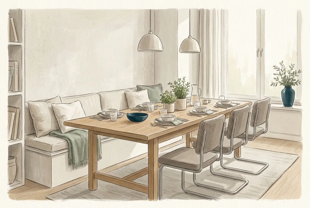 Illustration: Eine Essgruppe mit Holztisch, gepolsterter Sitzbank an der Wand und Freischwingern auf der anderen Seite, gedeckt für eine Mahlzeit.