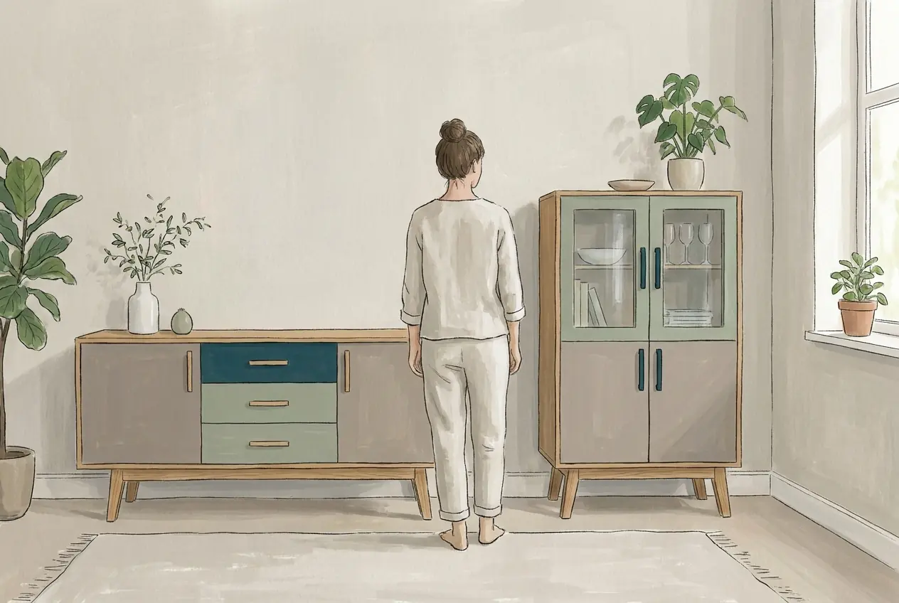 Illustration: Links ein langes, niedriges Sideboard auf Hüfthöhe, rechts ein schmaleres, deutlich höheres Highboard mit Glastüren oben; dazwischen eine Person als Größenvergleich.