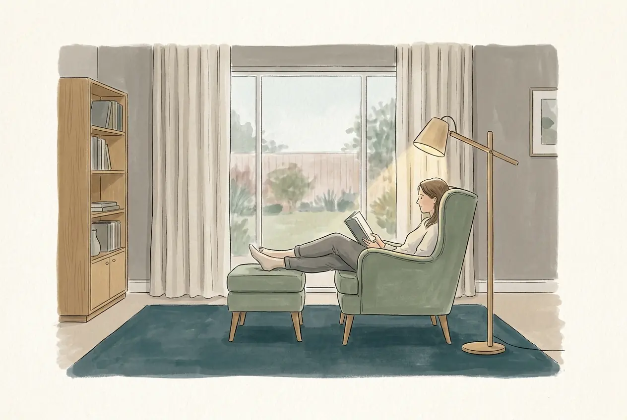 Illustration: Eine Person liest in einem gepolsterten Sessel und hat die Beine auf den passenden Hocker gelegt; daneben eine Stehlampe und ein Bücherregal.