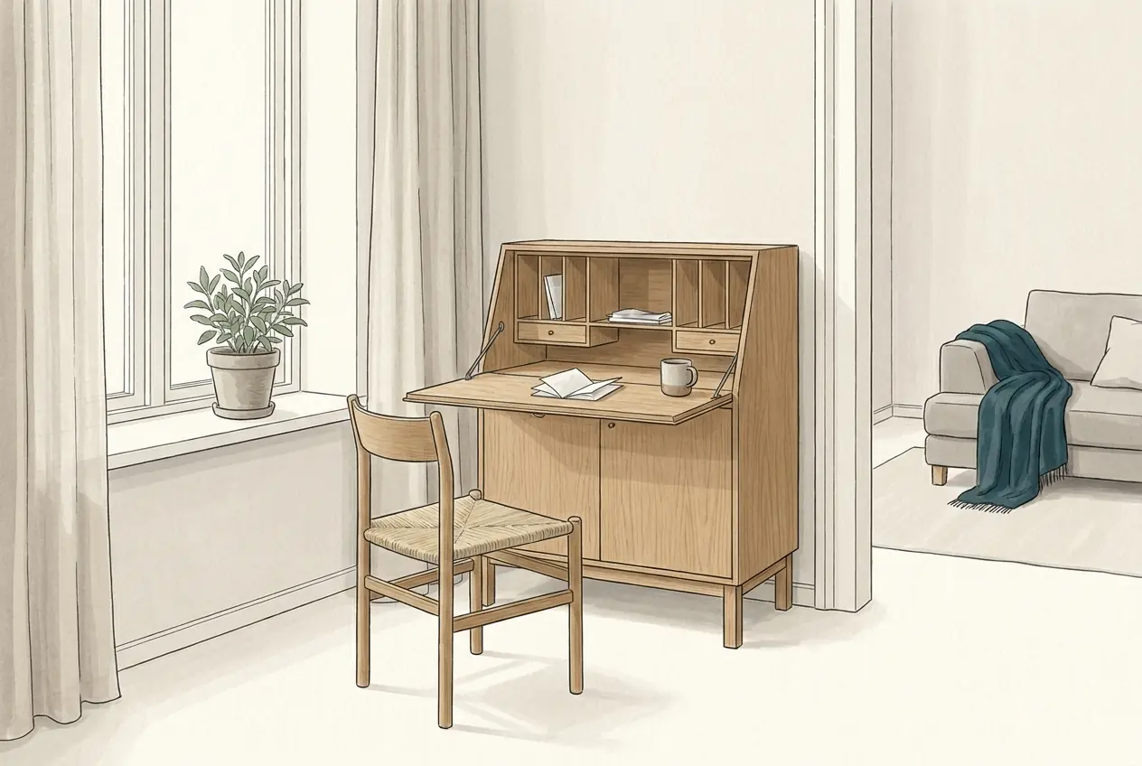 Illustration: Ein hölzerner Sekretär mit heruntergeklappter Schreibplatte und kleinen Fächern dahinter, davor ein Stuhl am Fenster.