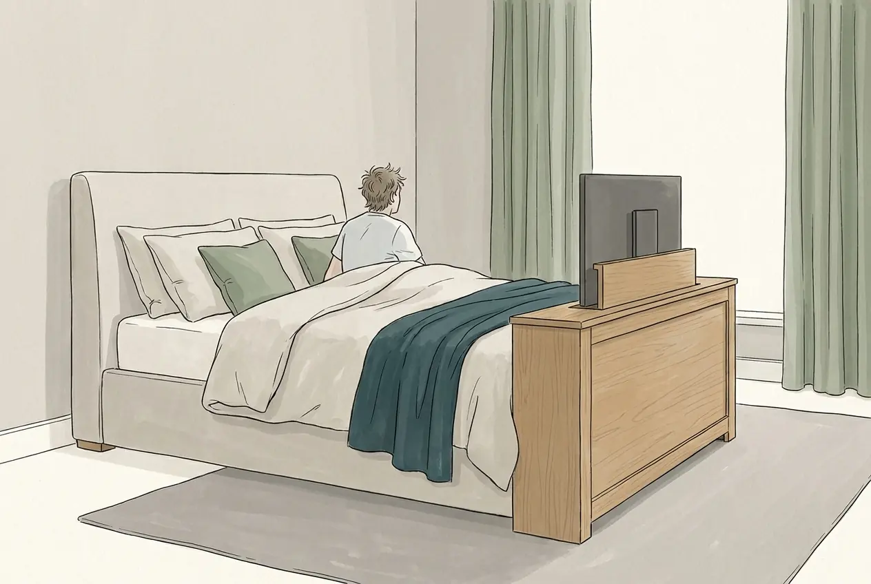 Illustration: Ein Polsterbett, aus dessen Fußteil ein Fernseher auf einem Lift halb herausgefahren ist; eine Person sitzt von hinten gesehen im Bett.