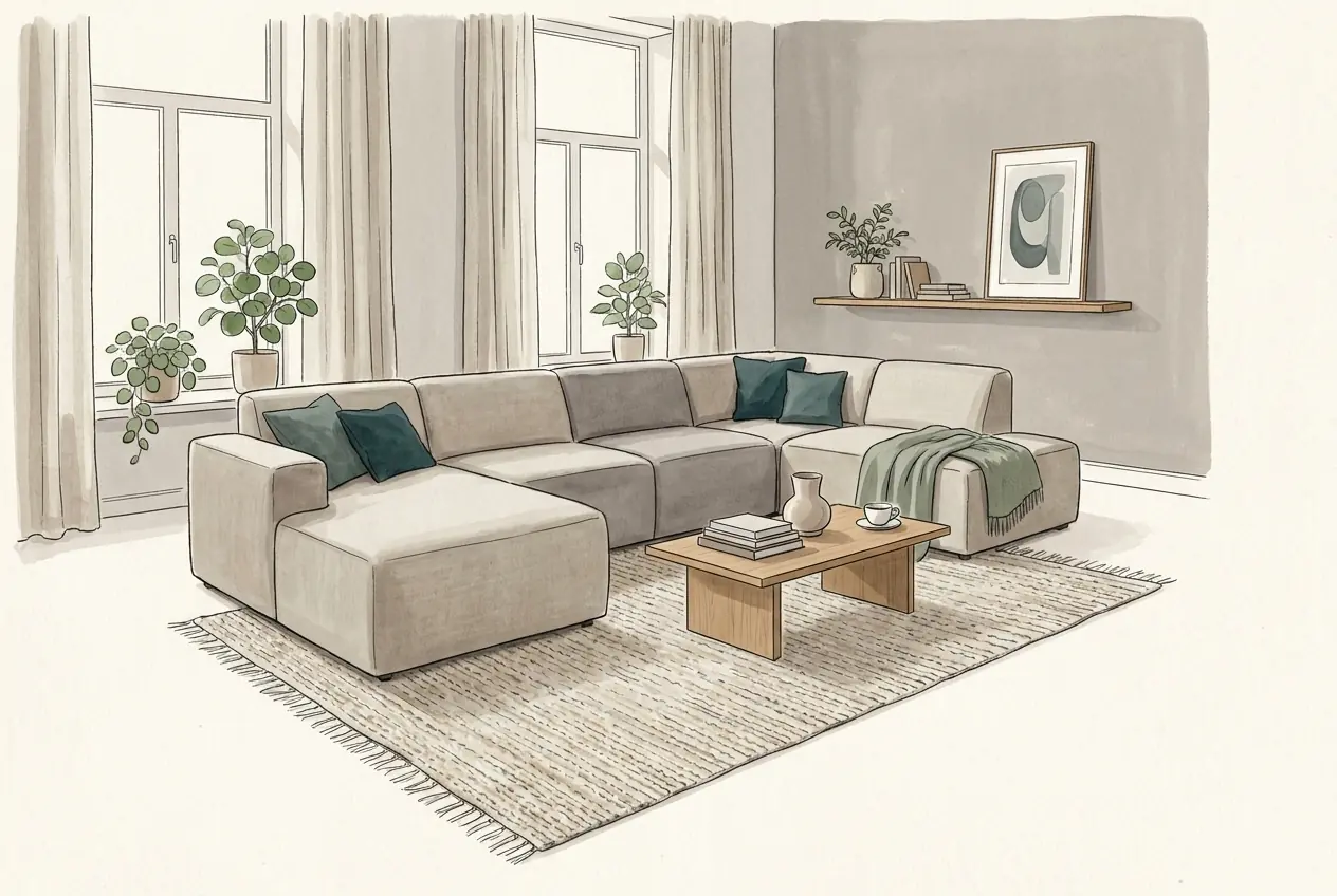 Illustration: Eine große U-förmige Wohnlandschaft mit Récamiere auf einer Seite, davor ein niedriger Couchtisch auf einem Teppich.