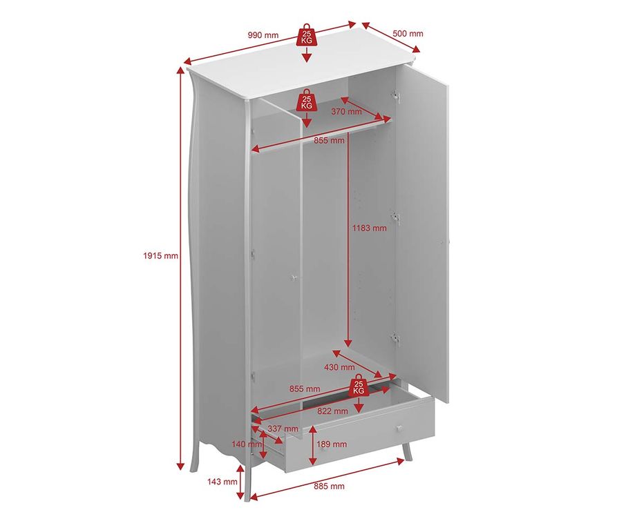 Baroque Kleiderschrank 2 Türen 1 Schublade Rein Weiß - Froschkönig24