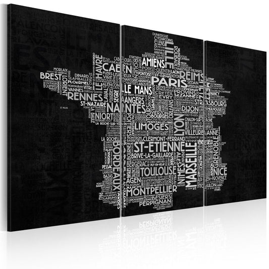 Wandbild - Text map of France on the black background - triptych