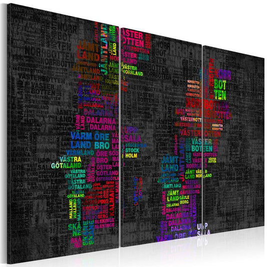 Wandbild - Landkarte von Schweden (bunte Städtenamen) - Triptychon