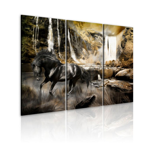 Wandbild - Schwarzes Pferd und Wasserfall