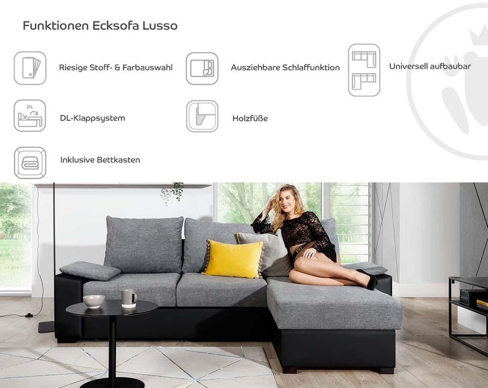 Lusso Ecksofa 245 x 160 cm Dunkelgrau / Weiß (Webstoff / Kunstleder)