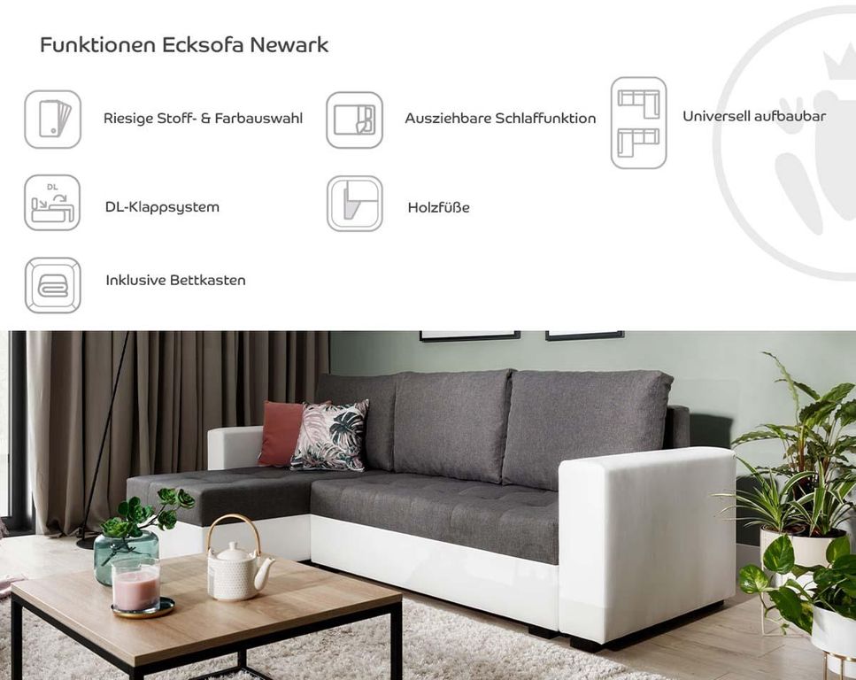 Newark Ecksofa 237 x 150 cm Grau / Weiß (Webstoff / Kunstleder)