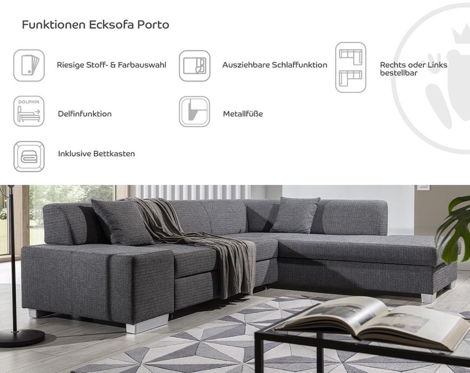 Porto Ecksofa 278 x 217 cm Schwarz (Webstoff - Sawana)