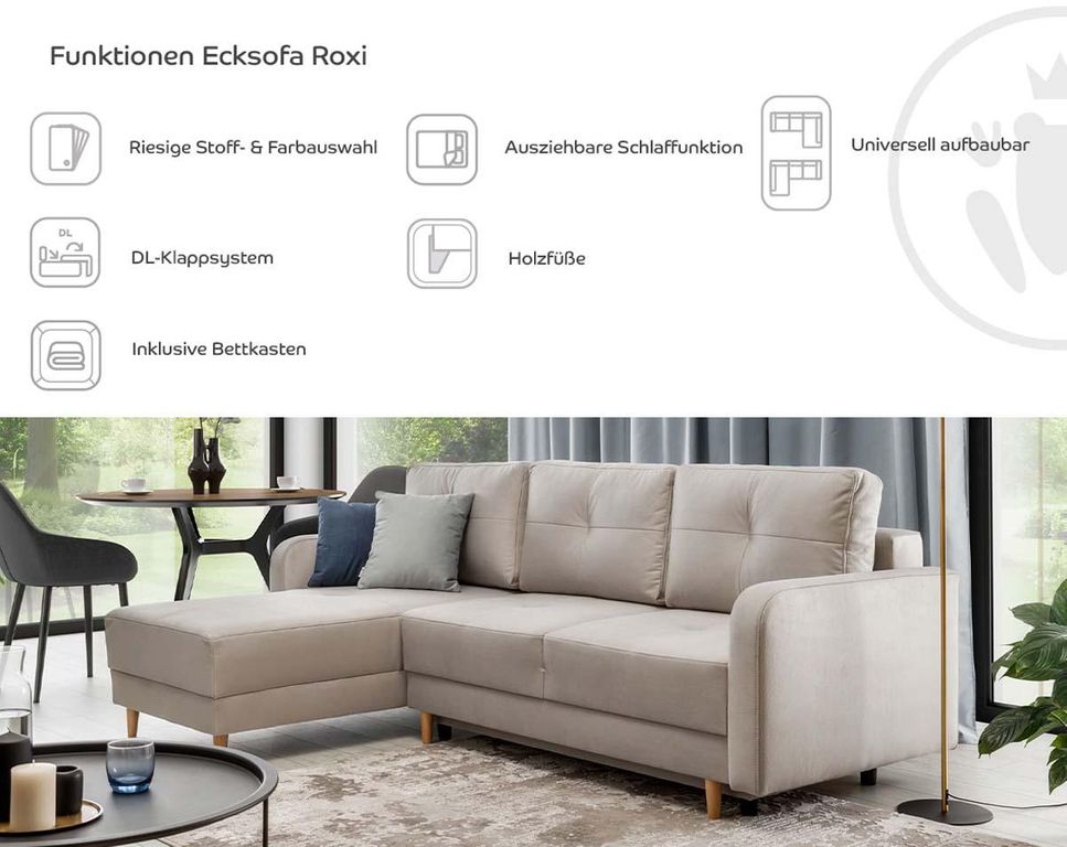 Roxi Ecksofa 240 x 165 cm Grau (Velour)