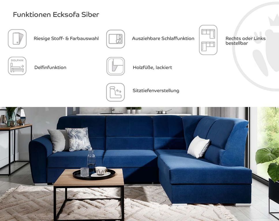 Siber Ecksofa 270 x 192 cm Blau (Samt)