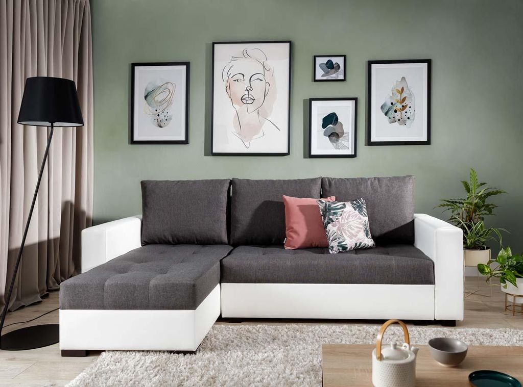 Newark Ecksofa 237 x 150 cm Grau / Weiß (Webstoff / Kunstleder)