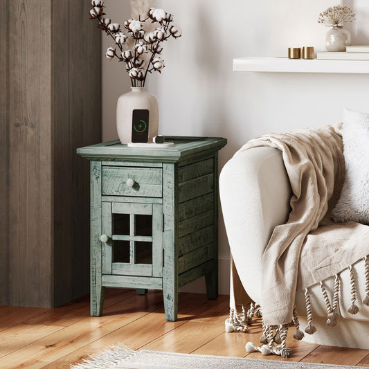 Avola Massivholz Nachtkommode Shabby-Chic Mint