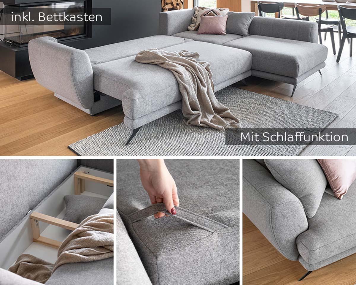 Larde Ecksofa 276 x 191 cm, mit Schlaffunktion & Bettkasten, Webstoff