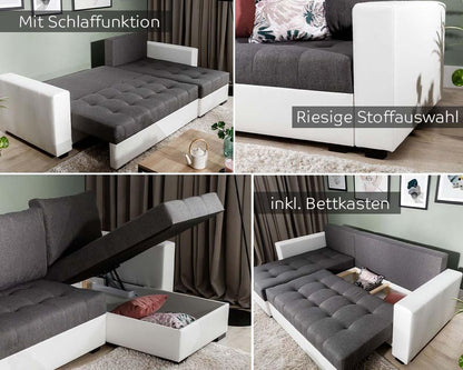 Newark Ecksofa 237 x 150 cm Grau / Weiß (Webstoff / Kunstleder)