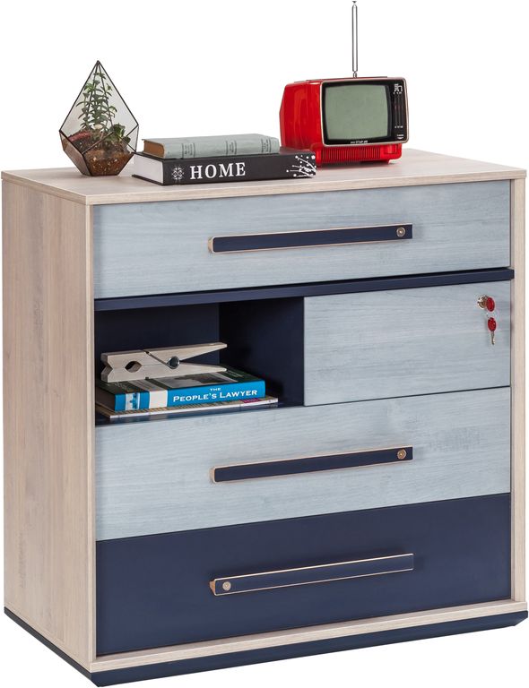 Cilek TRIO Kommode Anrichte Sideboard Kinderzimmer Blau / White-Wash - Froschkönig24