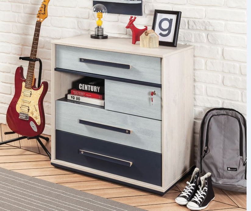 Cilek TRIO Kommode Anrichte Sideboard Kinderzimmer Blau / White-Wash - Froschkönig24