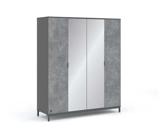 Space Gray 4-türiger Kleiderschrank mit Spiegeltüren Grau