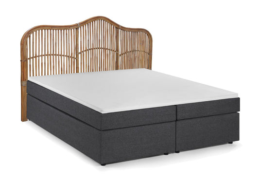 THIS & THAT Boxspringbett mit Rattan-Kopfteil Dunkelgrau, Natur