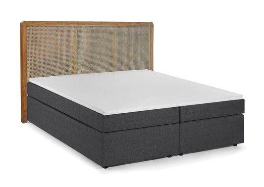 THIS & THAT Boxspringbett mit Teak / Rattan-Kopfteil Dunkelgrau, Natur