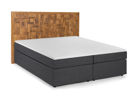 THIS & THAT Boxspringbett mit Holz-Mosaik-Kopfteil Dunkelgrau, Natur