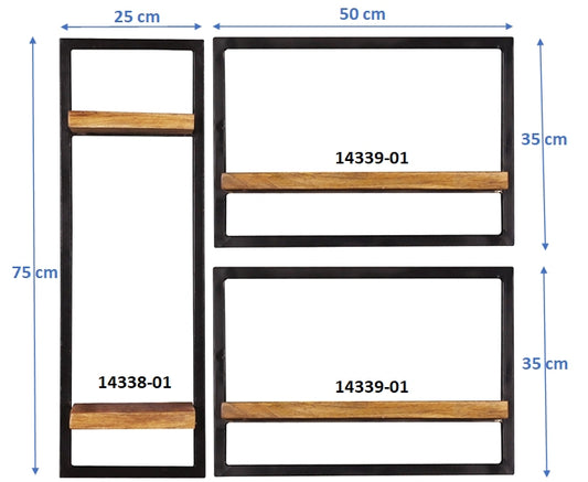 277442 SIDNEY Wandregal-Set, 3-teilig Natur, Schwarz