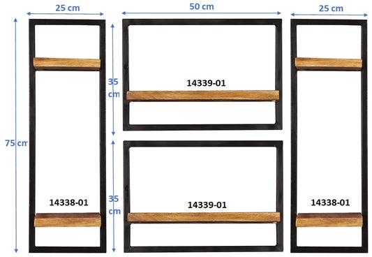 277448 SIDNEY Wandregal-Set, 4-teilig Natur, Schwarz