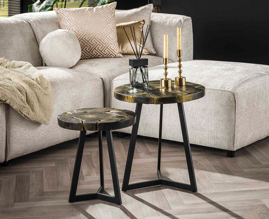 Black and Gold Couchtisch 2er Set recyceltes Teak Massivholz