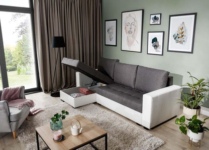 Newark Ecksofa 237 x 150 cm Grau / Weiß (Webstoff / Kunstleder)