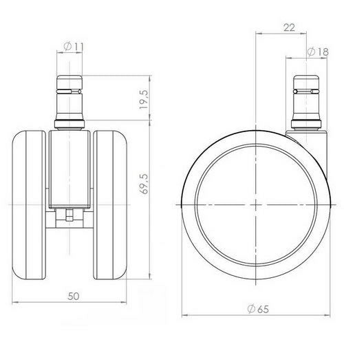 5x-Rollen ROLO LUX 11mm / 65mm Büro-Stuhl-Rollen für Hartböden Chrom - Froschkönig24