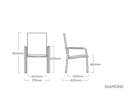 Kettler Gartenmöbelset 7-teilig, Diamond Stapelsessel gepolstert mit Teakarmlehnen, Gartentisch Diamond HPL Tischplatte mit Fräsung Silber / Grau