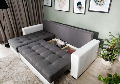 Newark Ecksofa 237 x 150 cm Grau / Weiß (Webstoff / Kunstleder)