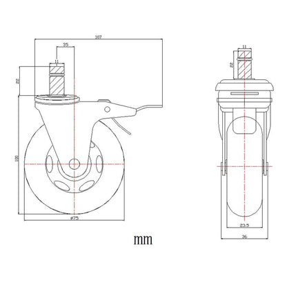 5x Hartbodenrollen ROLO SKATE 11mm / 75 mm Büro-Stuhl-Rollen inkl. Bremse Schwarz