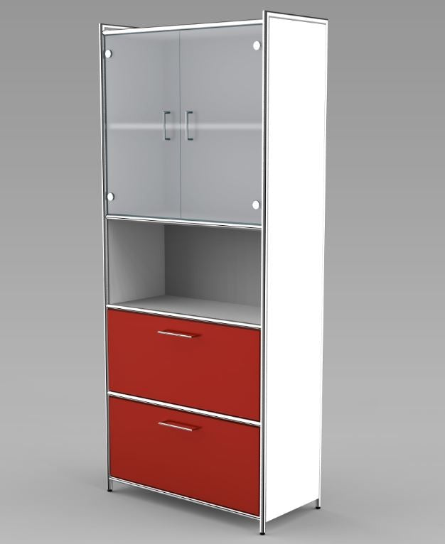 ARTLINE Kombischrank 5OH Aktenschrank Schrank Büroschrank Büroregal Weiß/Rot/Glas - Froschkönig24