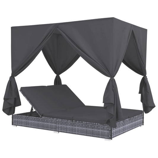 Outdoor-Lounge-Bett mit Vorhängen Poly Rattan Grau 117172