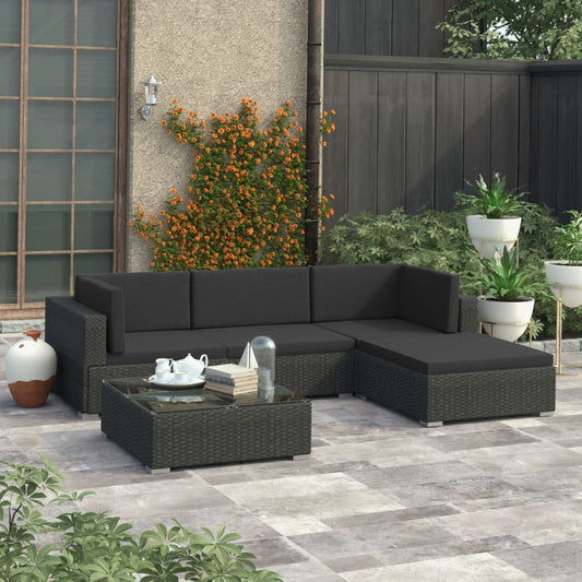 5-tlg. Garten-Lounge-Set mit Kissen Poly Rattan Schwarz 110936