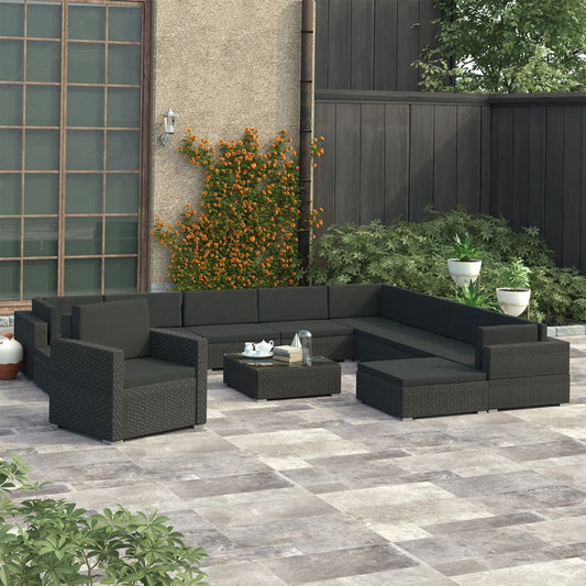 12-tlg. Garten-Lounge-Set mit Auflagen Poly Rattan Schwarz 113420