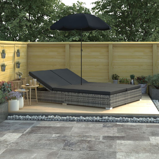 Outdoor-Loungebett mit Sonnenschirm Poly Rattan Grau 104384