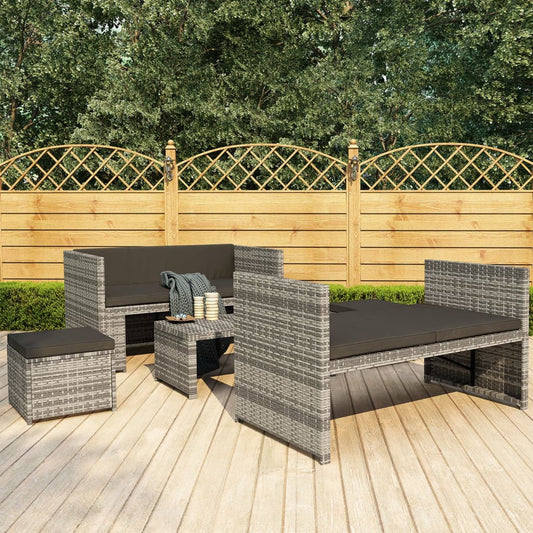 5-tlg. Garten-Lounge-Set mit Auflagen Poly Rattan Grau 120924