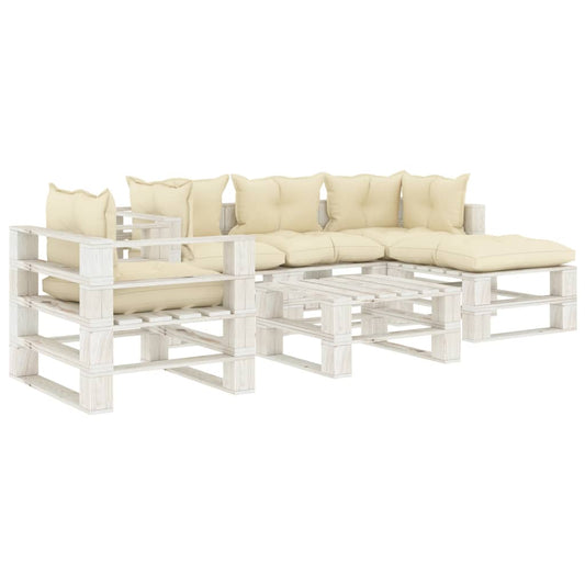 6-tlg. Garten-Lounge-Set Paletten mit Cremeweißen Kissen Holz 109159