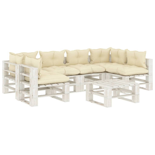 7-tlg. Garten-Lounge-Set Paletten mit Cremeweißen Kissen Holz  104847